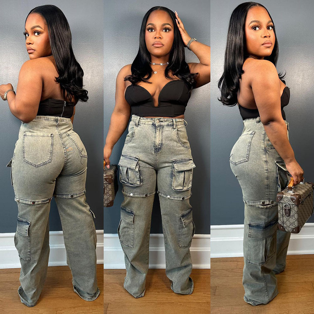 European and american style women's multi-pocket jeans -  cross-border fashionable and unique detachable button straight-leg pants