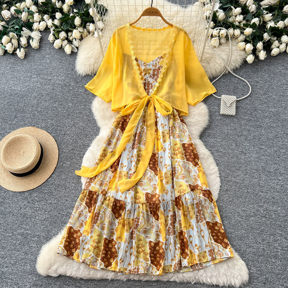 spring new korean style elegant flowing ribbon floral dress women's two-piece set - effortless chic, fashionable workwear