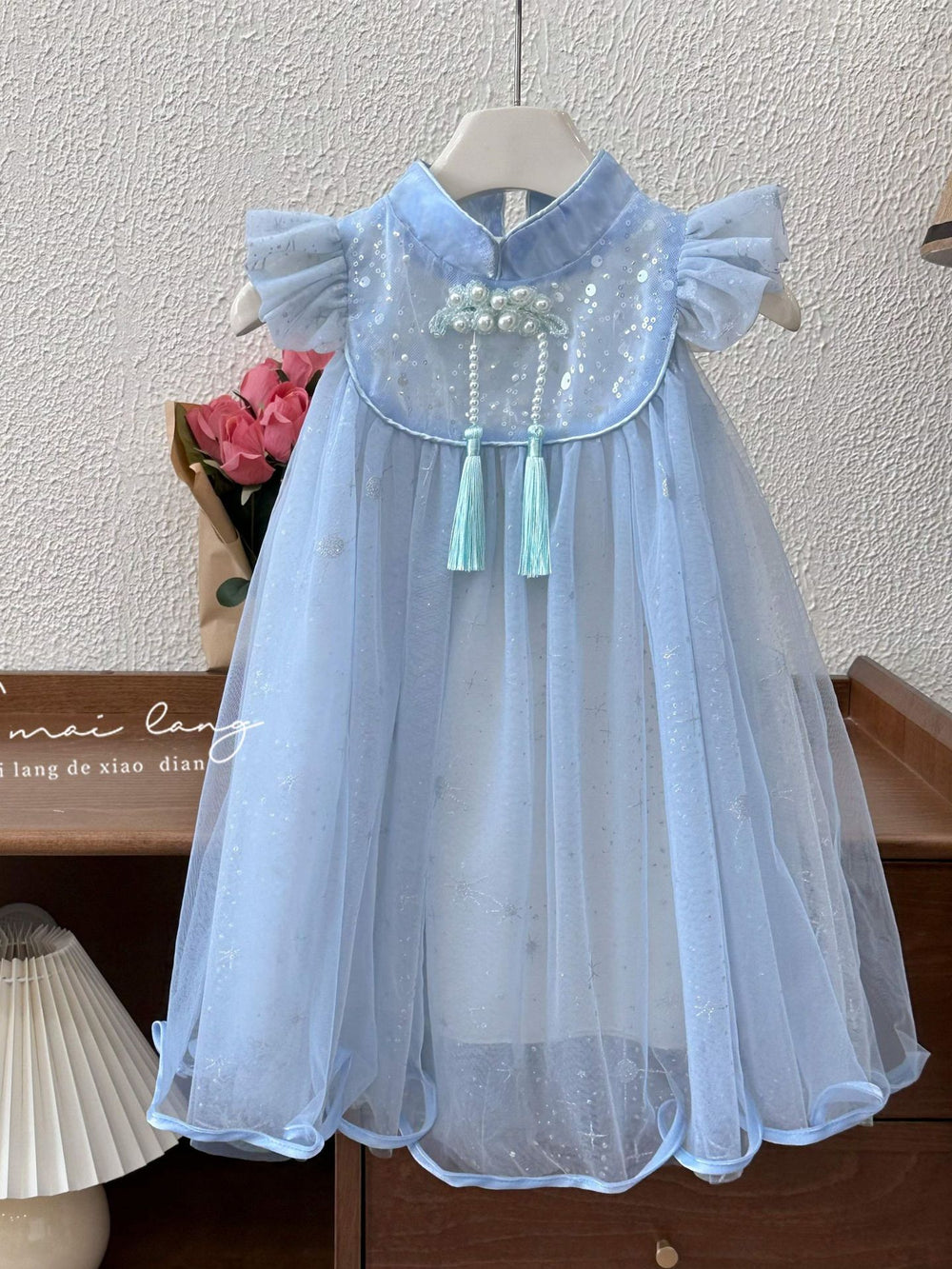 Girls' dress  summer new chinese style cheongsam with frog closures, tassel mesh skirt, and flutter sleeves