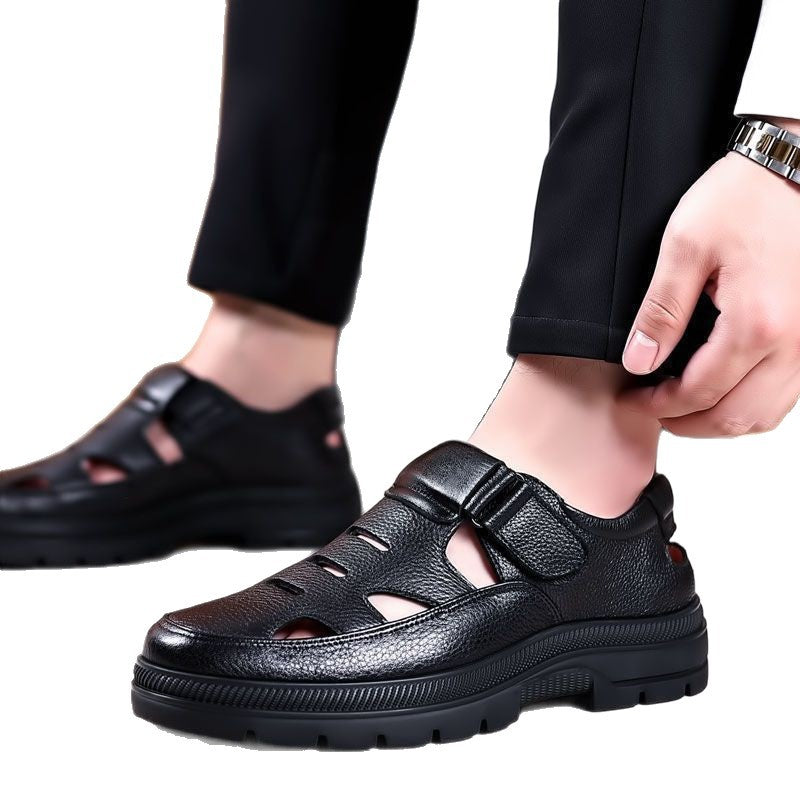 Special big salemen leather shoes summer new chinoiserie lightweight soft bottom crocs shoes breathable cut out men's shoes men sandals