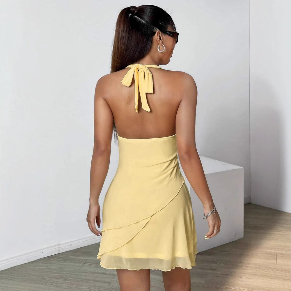 tk cross-border halter dress - deep v-neck, low-cut, light yellow mesh mini dress - spicy & sexy