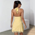 tk cross-border halter dress - deep v-neck, low-cut, light yellow mesh mini dress - spicy & sexy
