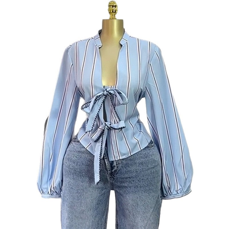 European and american cross-border women's fashion:  autumn new collection - stylish tie-neck v-neck striped slim-fit bubble sleeve blouse top