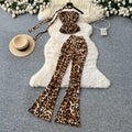 Fashion ins scheming sense of design sleeveless slanted shoulder short leopard print vest women's high waist hip-covering slightly flared pantssuit