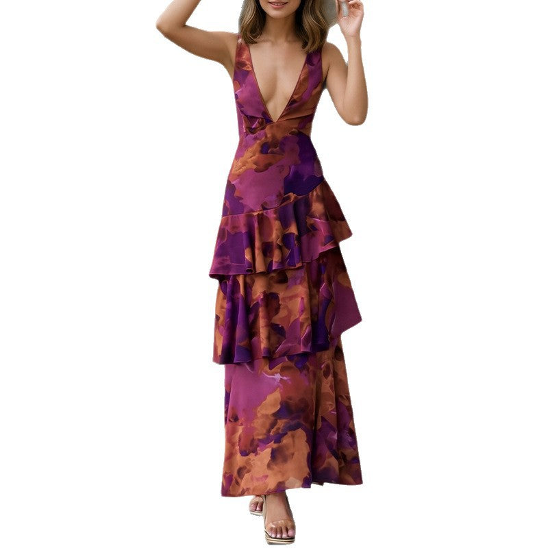 summer new arrivals: women's fashion - cross-border european & american style - elegant & chic printed, cinched-waist, backless dress