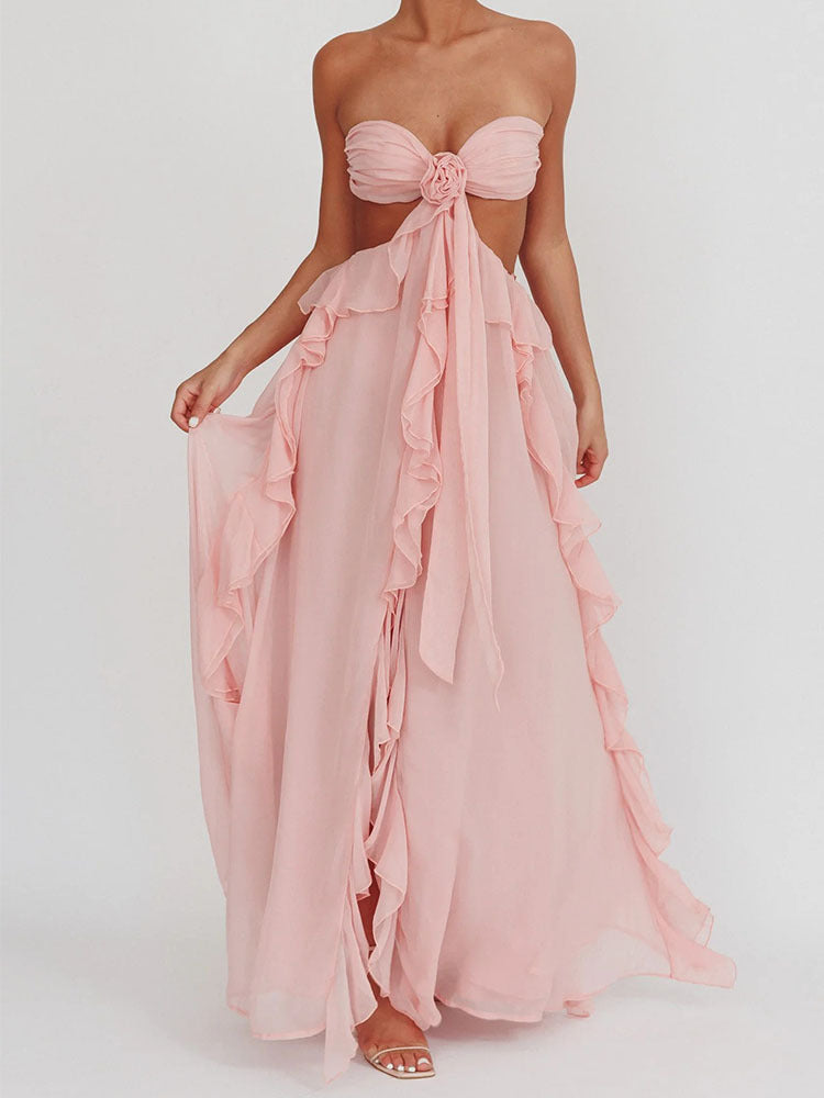 European and american  spring/summer cross-border e-commerce new sexy strappy bandeau backless ruffle maxi dress for women