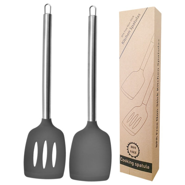High temperature resistant non-stick pan spatula stainless steel wire tail cooking spatula leak spatula two-piece set food grade silicone spatula