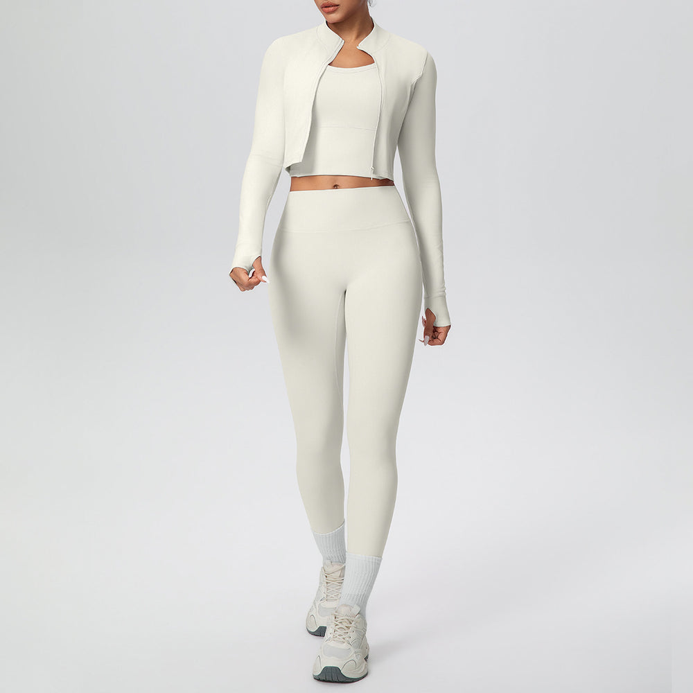 pure color brushed tight high-elastic breathable vest long three-piece set sports running fitness yoga suit