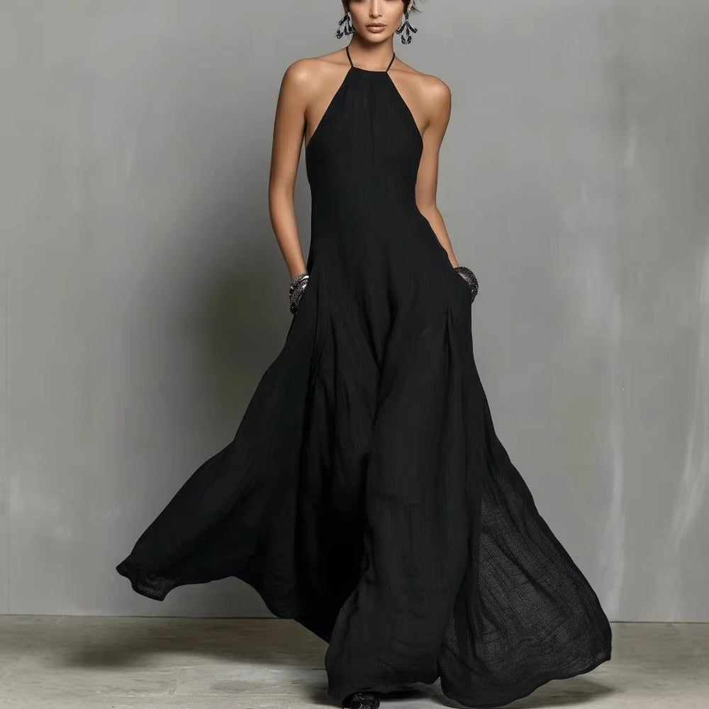 spring/summer new arrivals: european and american -style independent store cotton-linen blend minimalist open-back sleeveless maxi dress