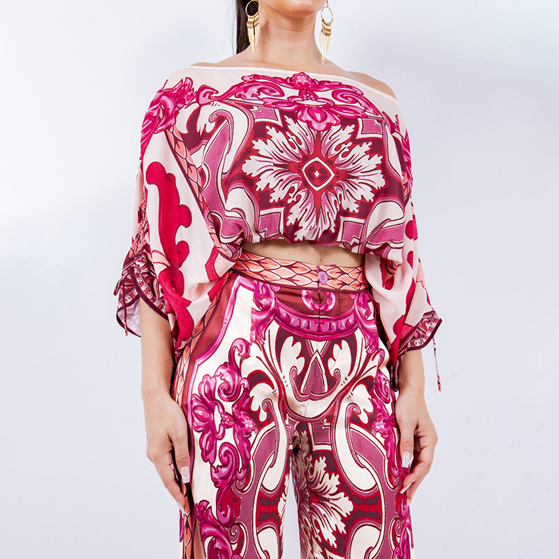 summer new women's clothing: cross-border european and american hot seller - color block retro print off-the-shoulder wide-leg pant set