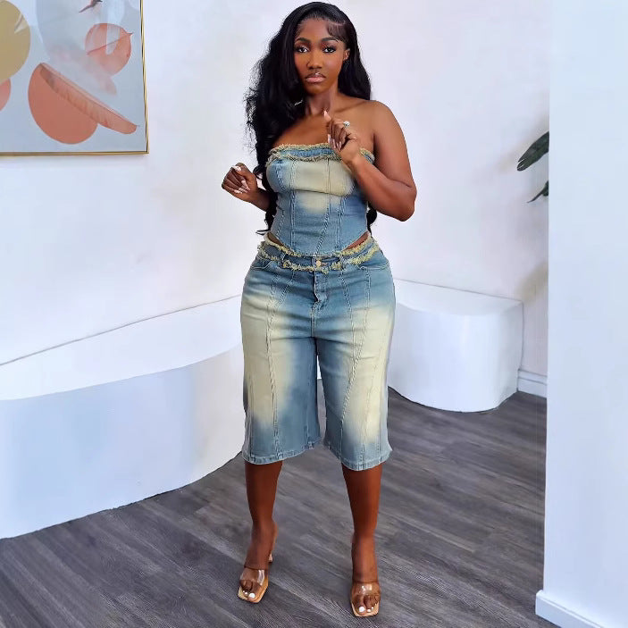 European and american style women's denim set -  cross-border fashion: raw hem bandeau top & high-waisted denim shorts
