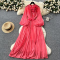 Frenchclassyelegancedress women's heavy industry beading stereo flower strap waist draped large swing pleated long skirt