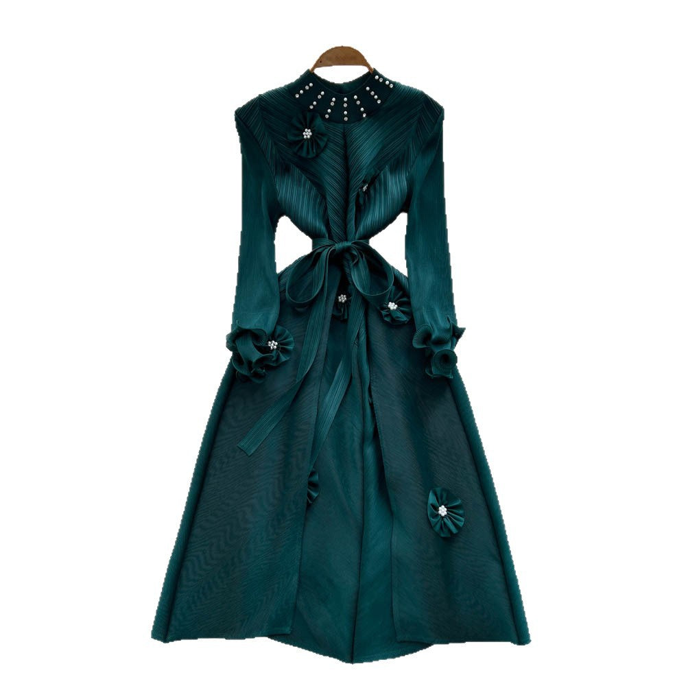 Miya pleated european and american dress for women,  autumn fashion, beaded floral detail, tie-waist, elegant pleated maxi dress