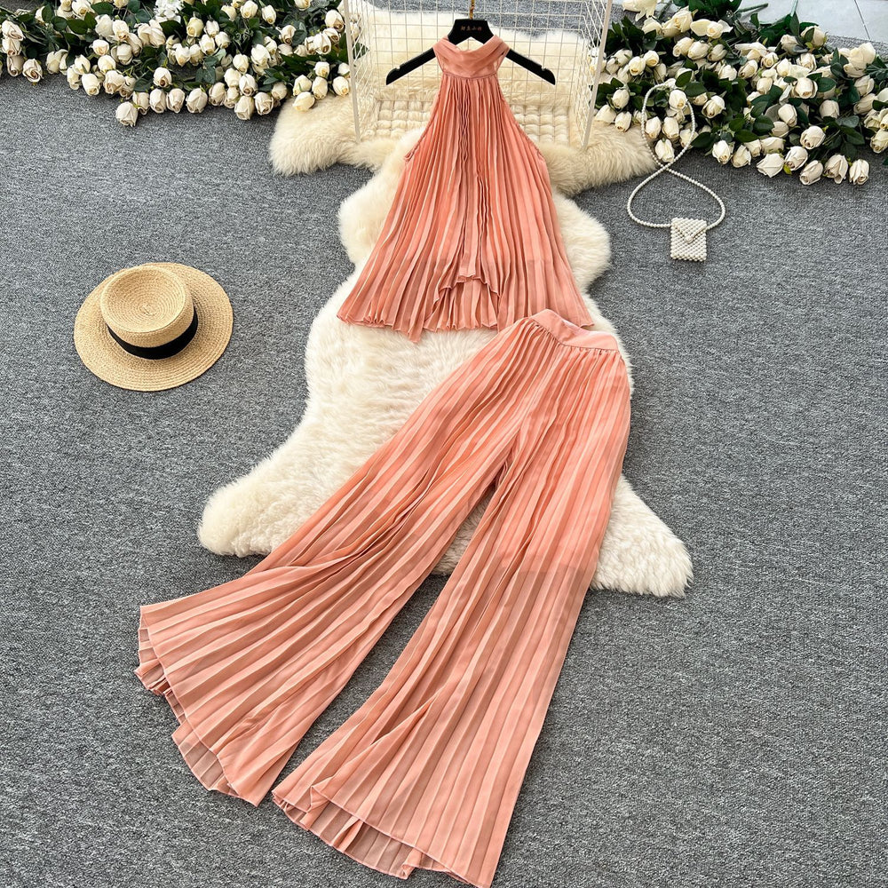Pure desire vacation suit women's atmosphere halter strap asymmetrical pleated tops high waistloosecasual pants suit