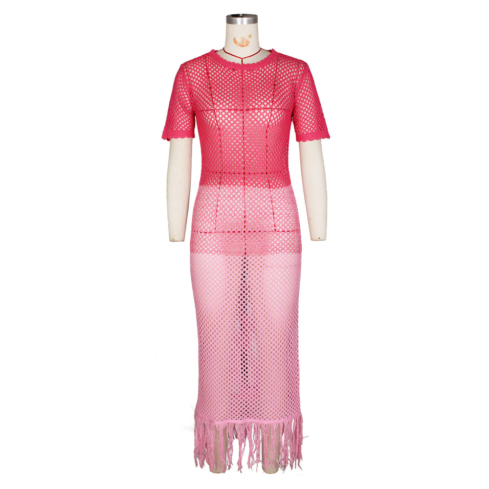 Zhongsi chuang cross-border e-commerce: european and american style sexy knitted tassel beach maxi dress - summer short sleeve long dress