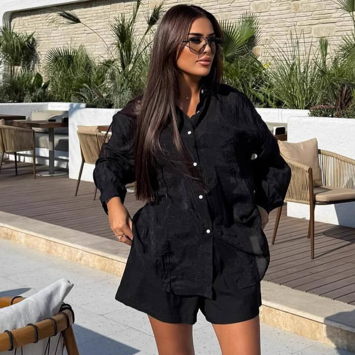 European and American large size solid color long-sleeved cardigan lapel shirt women's African casual temperament shorts loose new two-piece set