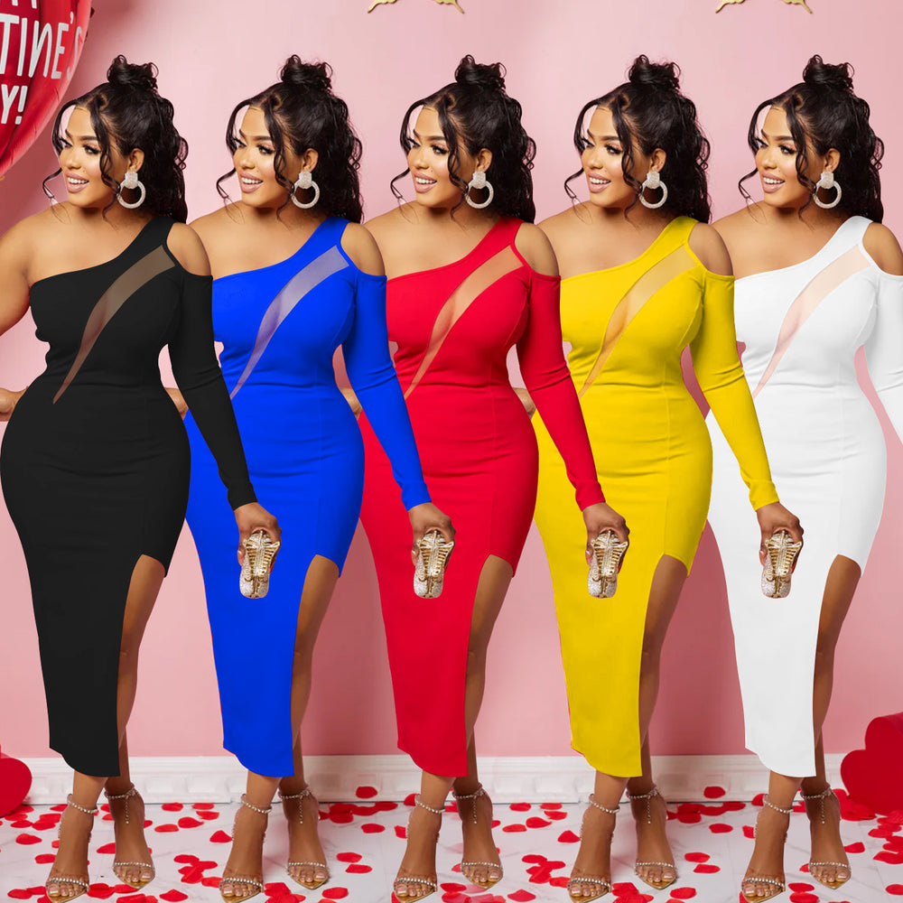 X6286   fashion women's solid color one-shoulder mesh single long sleeve maxi dress