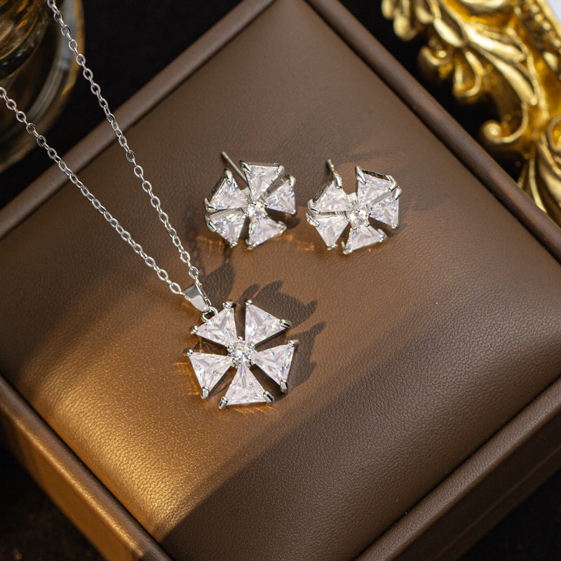 [titanium steel] new white zirconium geometric necklace women's earrings set light luxury classy lock inlaid zirconium bone chain earrings jewelry