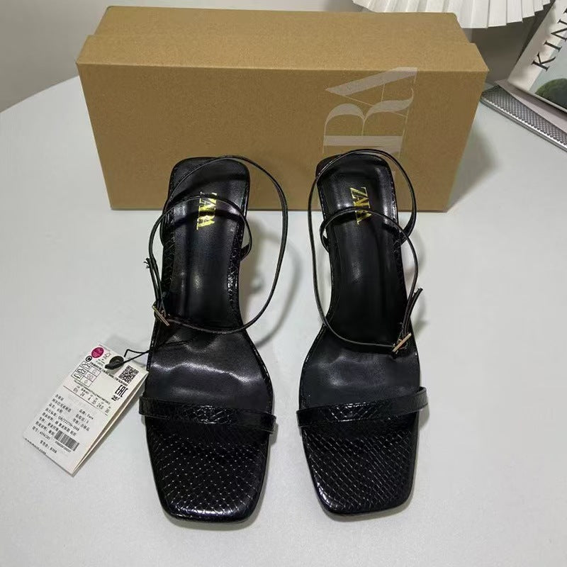 Za2024 new thin heel high heel women's shoes square toe one-piece gold snake pattern open toe back strap open heel sandals for women
