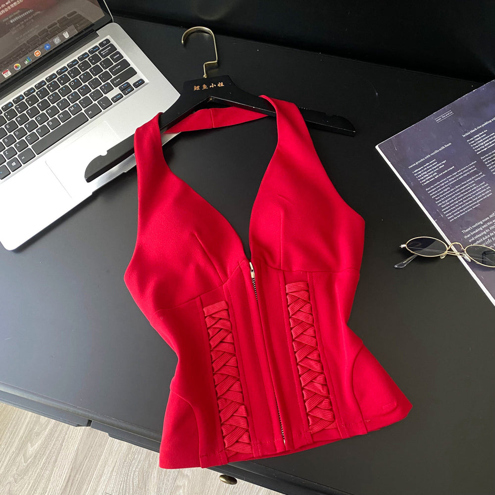 Fashion ins wear women's vest socialite niche accessible luxurysexyv neck halter strap silm backless short tops