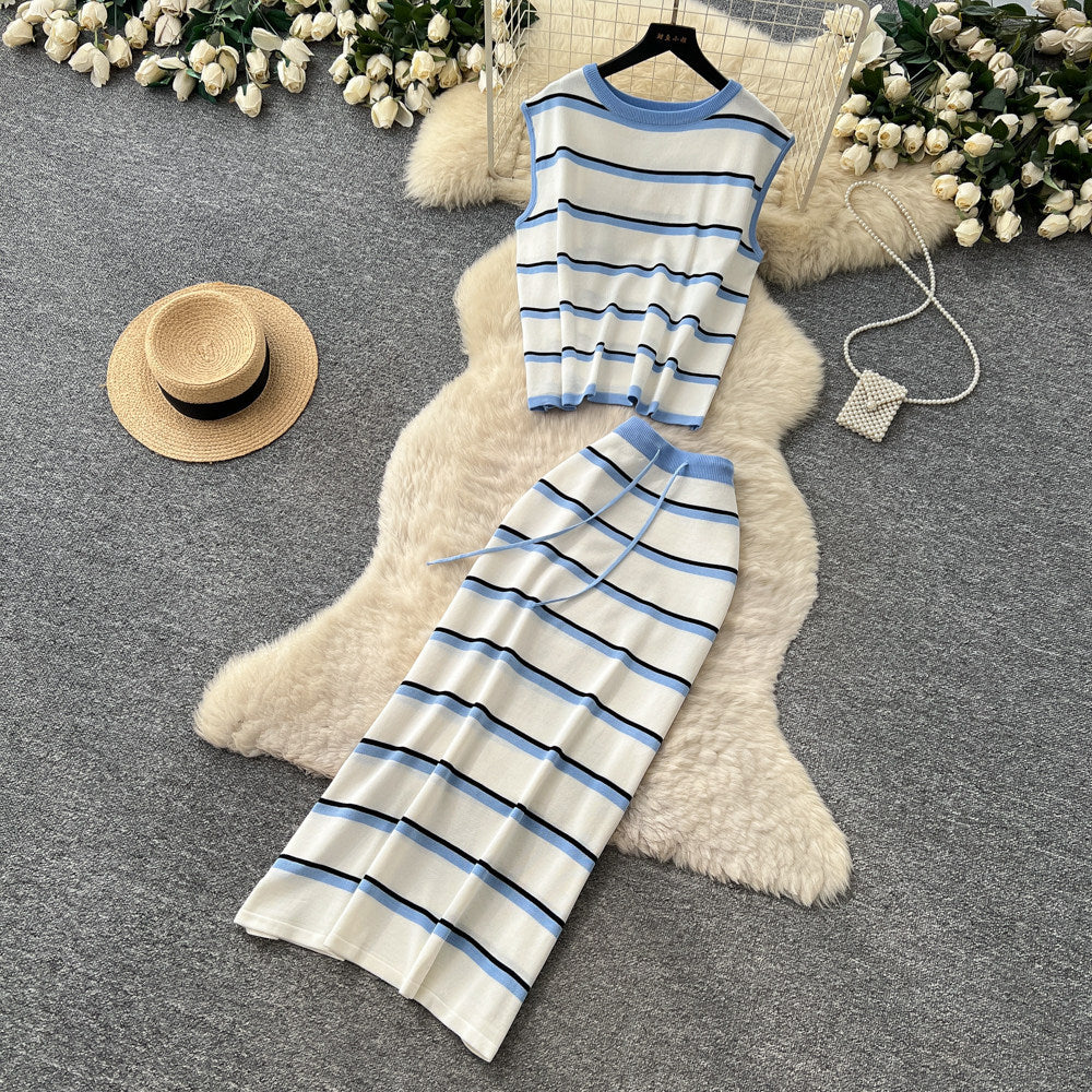Pure desire style stripesknittingeleganttwo-piece set women's summer sleeveless vest high waist skirt work clothingelegantsuit