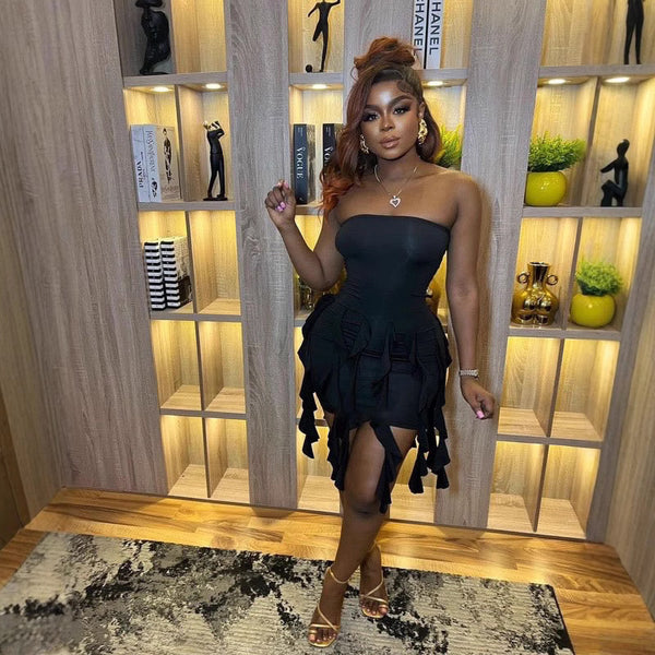 Foreign trade   European and American new streamer tube top sexy backless hip ruffle edge dress women's clothing