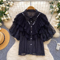 Palace style heavy industry beading lacepatchworkrufflesshirt women's summeraccessible luxury socialite age-reducing eleganttops