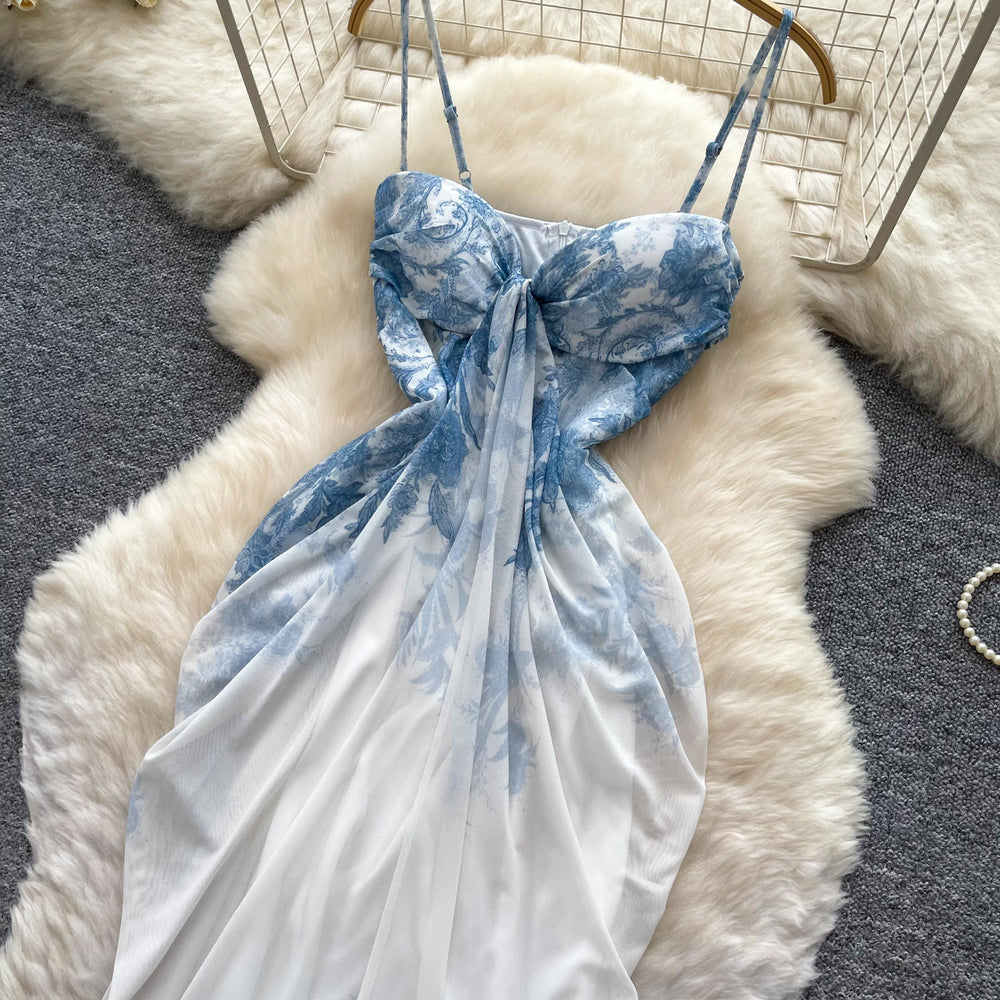 Blue and white porcelain style suspender printingdress women's summer asymmetricalsense of design pinch waistelegant long skirtwork clothing outfit