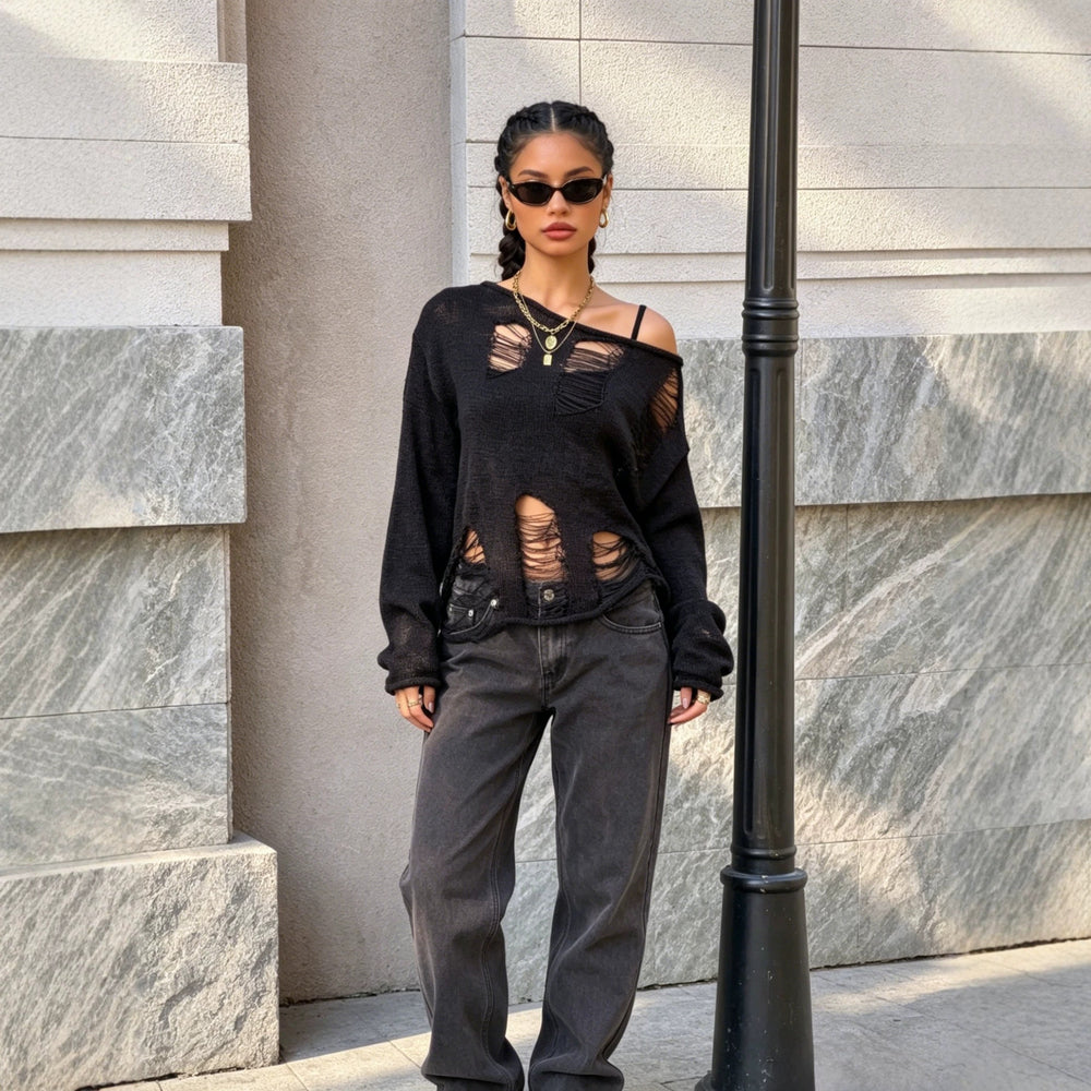 Korean style off-shoulder women's top - casual, relaxed fit, loose,  autumn new arrival, distressed & cutout long sleeve sweater