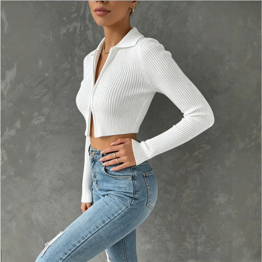 new arrival double-ended zipper knittingcardiganpure colorsilmslimming lookhigh waistcrop toplong sleeves short tops women's sweater