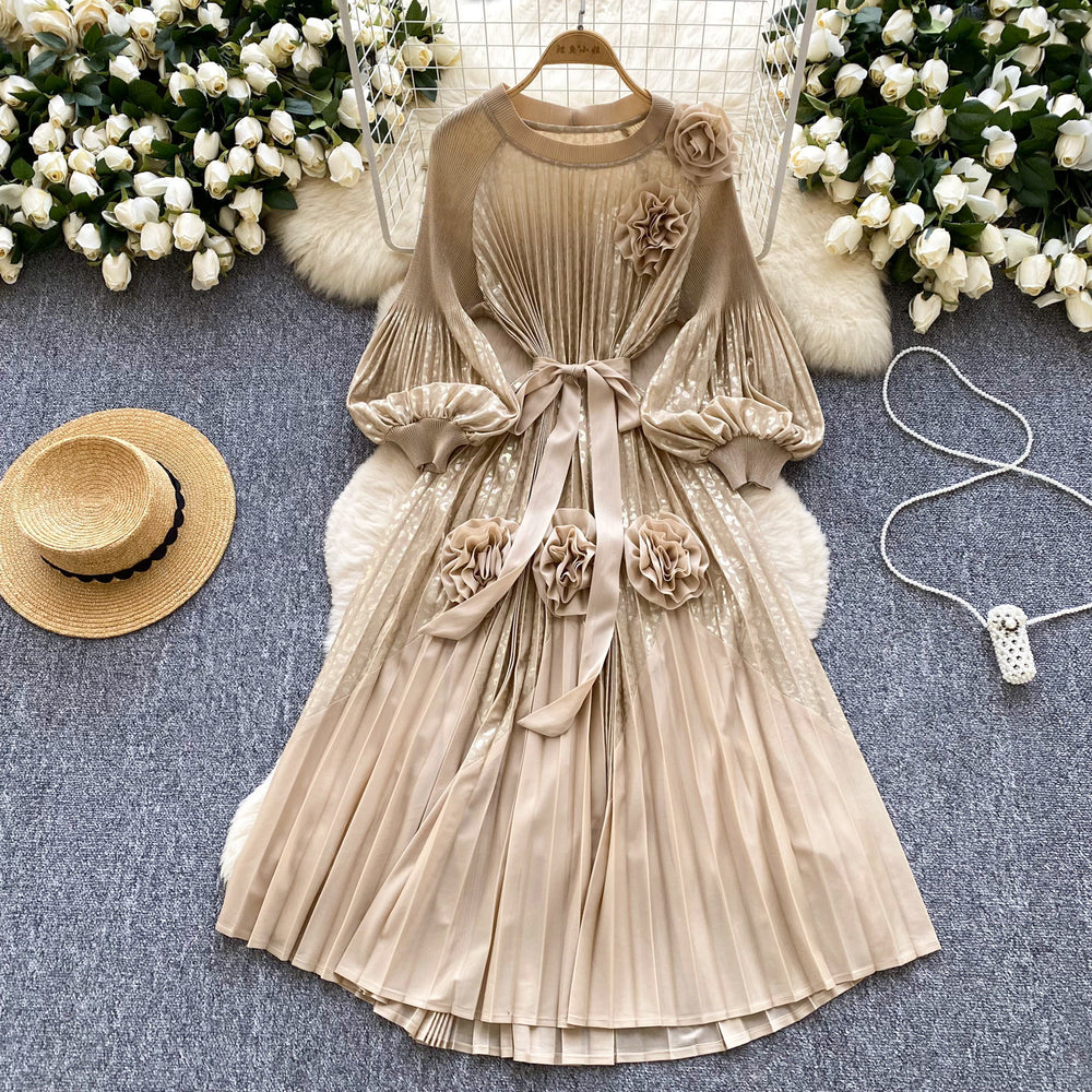 Palace style classyprinting lantern sleeve dress women's spring strap stereo flower pleated super fairy long skirt