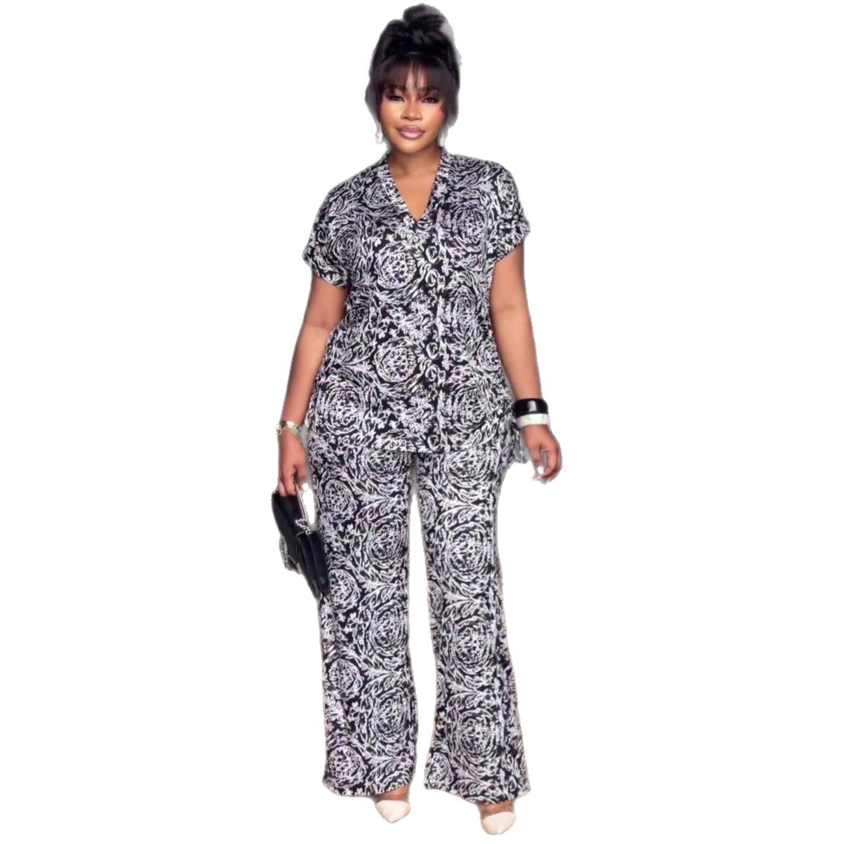 European and American large-size women's clothing cardigan printed shirt trousers set women's African casual fashion new foreign style two-piece set