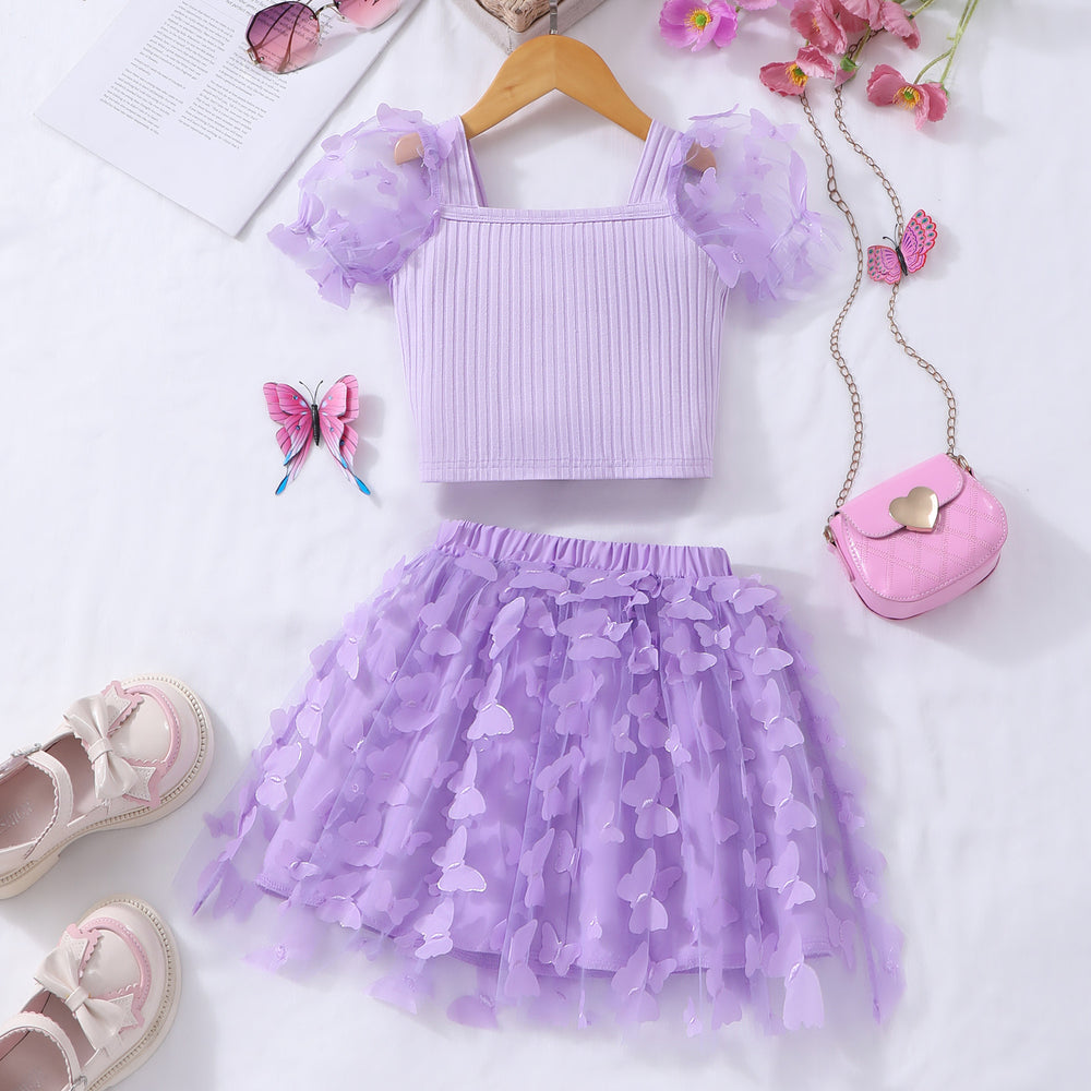 Girls' two-piece set: ribbed knit top with pearl button detail and 3d butterfly mesh skirt