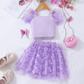 Girls' two-piece set: ribbed knit top with pearl button detail and 3d butterfly mesh skirt