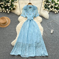 Luxury french style high-end short-sleeve dress - women's summer blazer collar lace mesh belted maxi dress
