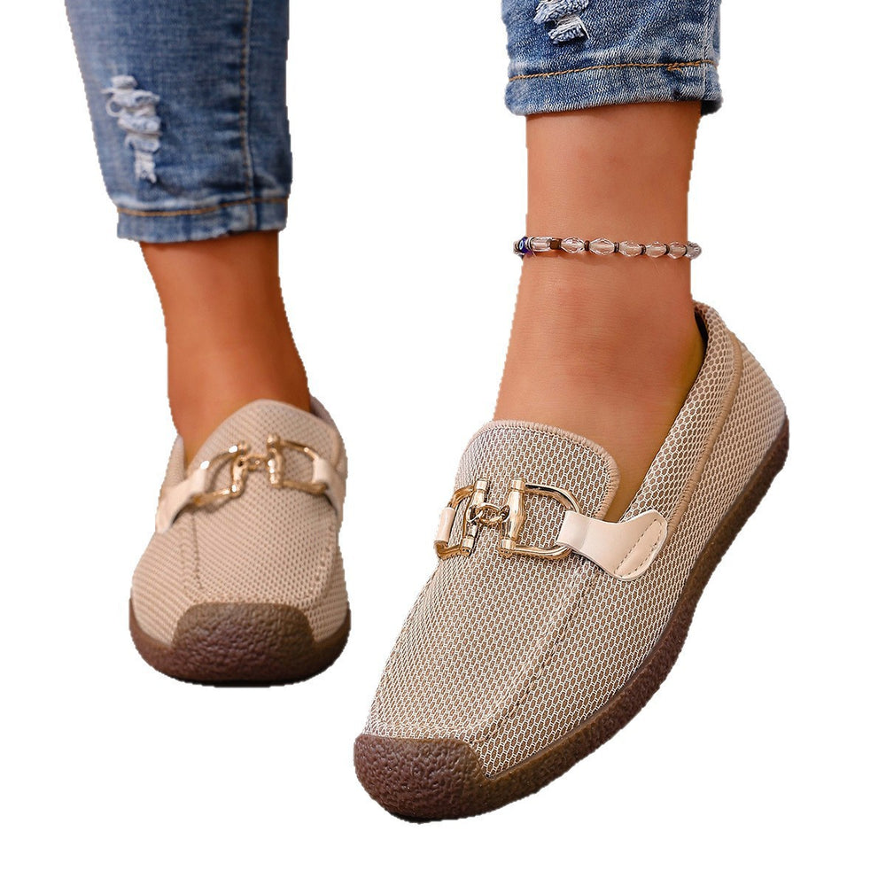Amazon fashionplus size loafers spring & fallnew arrival round toe metal buckle plaid slip-on flats for women  dropshipping