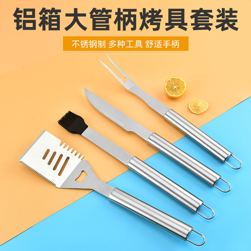 Cross-border Stainless Steel Family Outdoor Combination Grill Set Aluminum Box BBQ Tools Kit BBQ Shovel