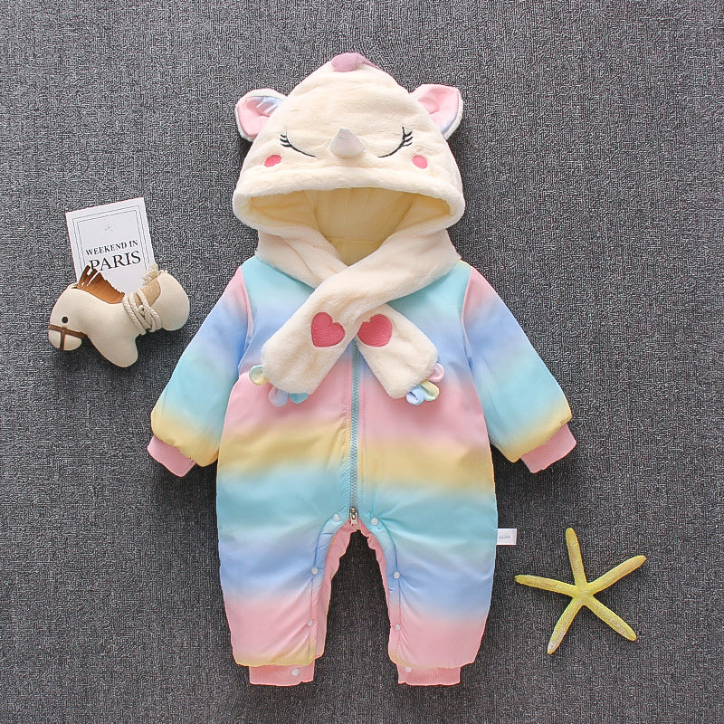 Winter infant cartoon fleece-lined thickened outdoor cotton-padded jumpsuit for baby boys and girls - trendy, warm, and extra thick