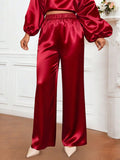 African deep red satin drawstring pant set - loose batwing sleeve cinched waist slimming robe wide leg two-piece outfit