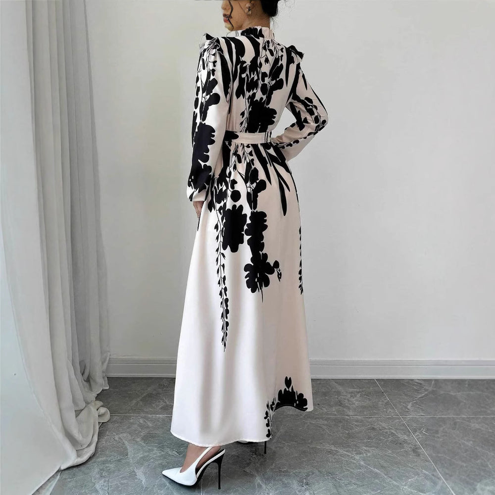 Amazon cross-border front button short-sleeved waist tie backdress women's long sleeves a-shaped long skirt