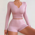 European and american style new women's loungewear set: solid color v-neck long sleeve top and sexy hot shorts two-piece set
