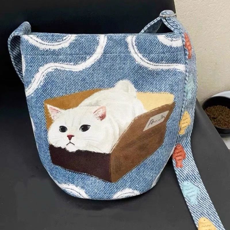 2025 korean-inspired canvas tote bag: large capacity, effortless style, canvas cat design, unique and trendy shoulder/crossbody bag