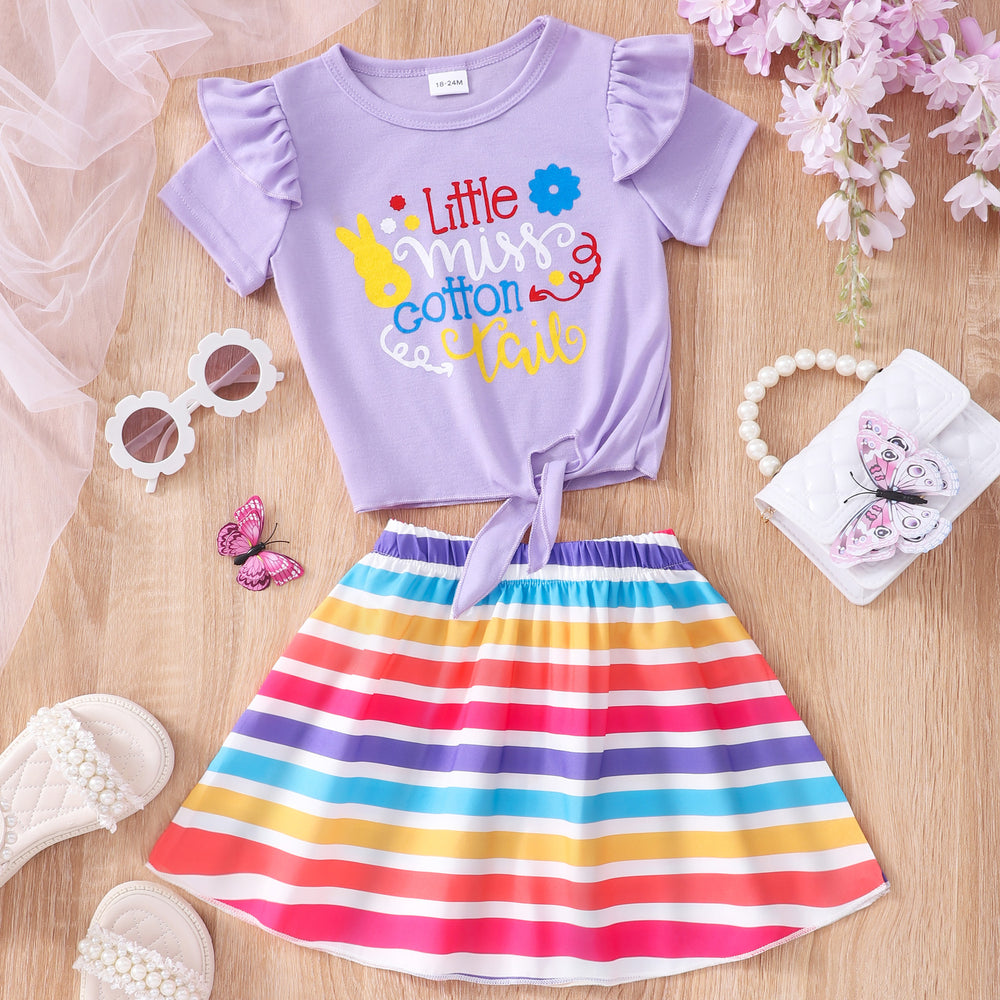 Kids' short-sleeve rainbow stripe top and strawberry mesh skirt set