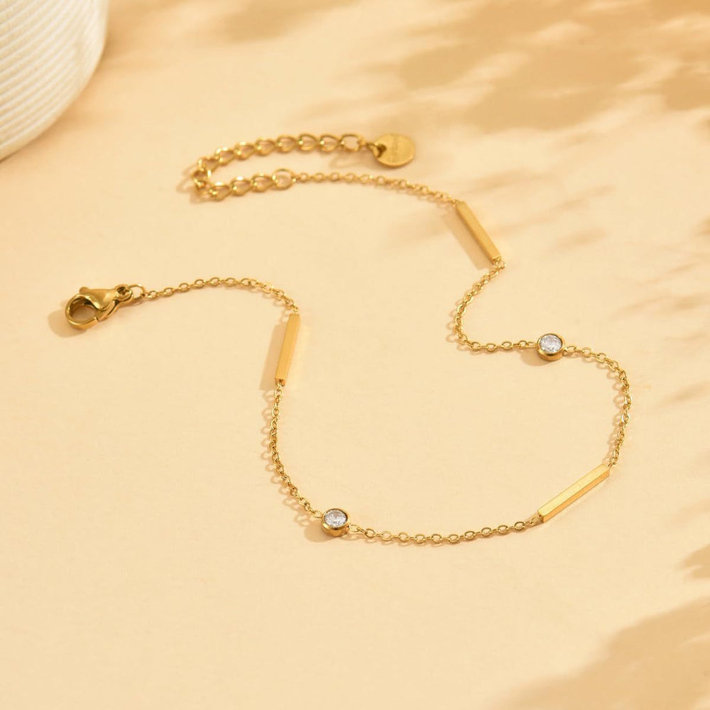 European and american style gold-plated diamond-accented minimalist long anklet for women - ins-inspired cool stainless steel geometric round zircon foot jewelry
