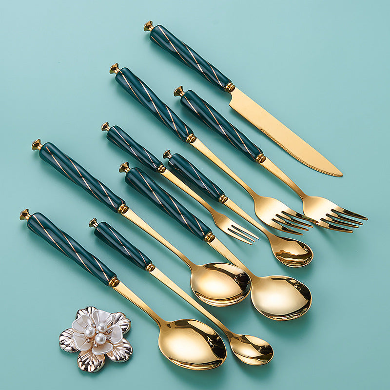 Amazon stainless steel cutlery set - creative ceramic stainless steel coffee spoon, fruit fork, dark green knife, fork, and spoon