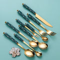 Amazon stainless steel cutlery set - creative ceramic stainless steel coffee spoon, fruit fork, dark green knife, fork, and spoon