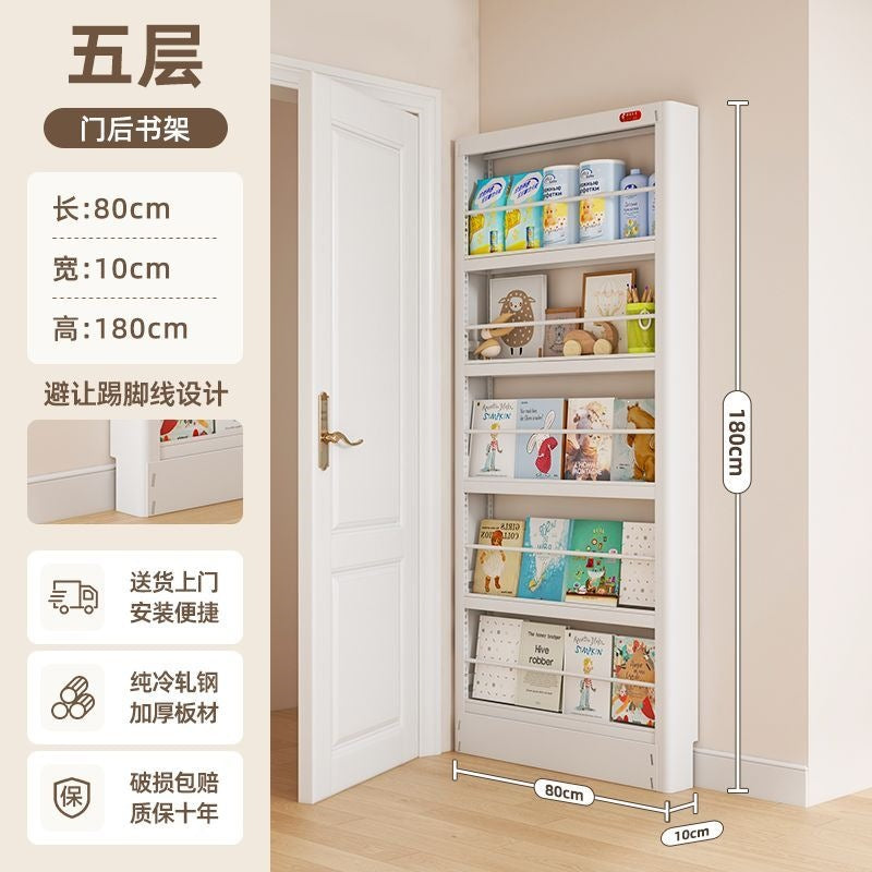 Behind-the-door bookshelf, ultra-slim over-the-door organizer, steel kids' storage rack for picture books, home wall bookshelf