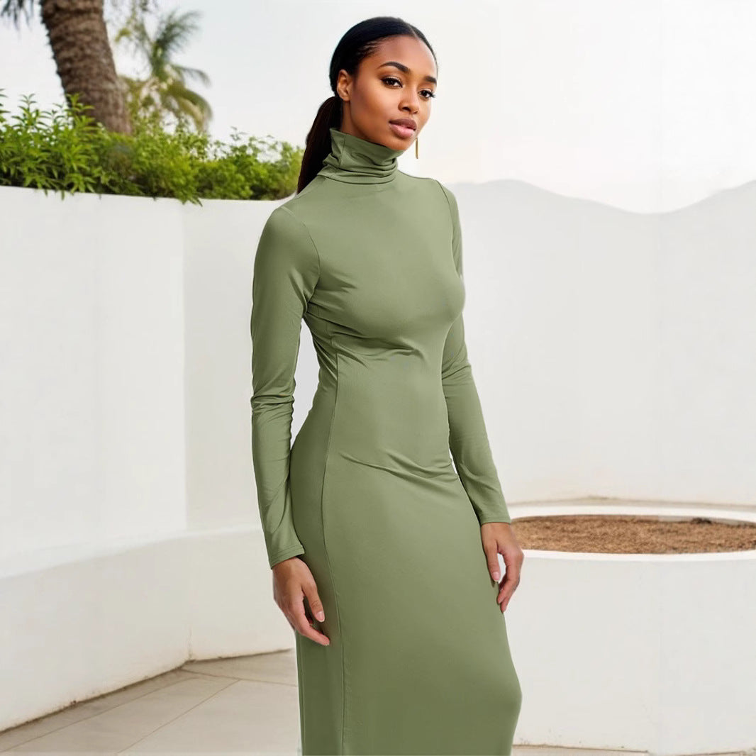 Europe and the United States  2025 winter independent station new women's fashion solid color slim-fitting turtleneck long-sleeved primer dress