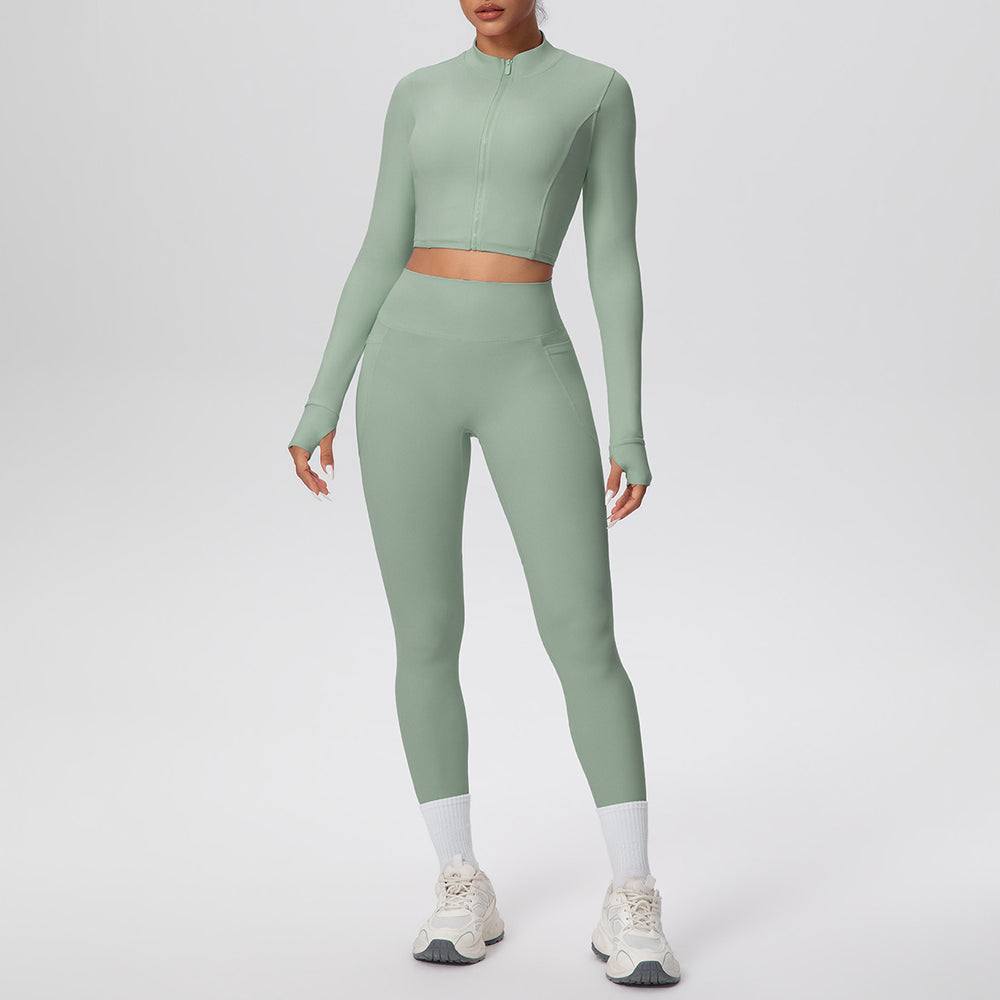 Cropped zip-up yoga set: high-waisted, butt-lifting leggings with pockets - perfect for running, fitness, and casual wear