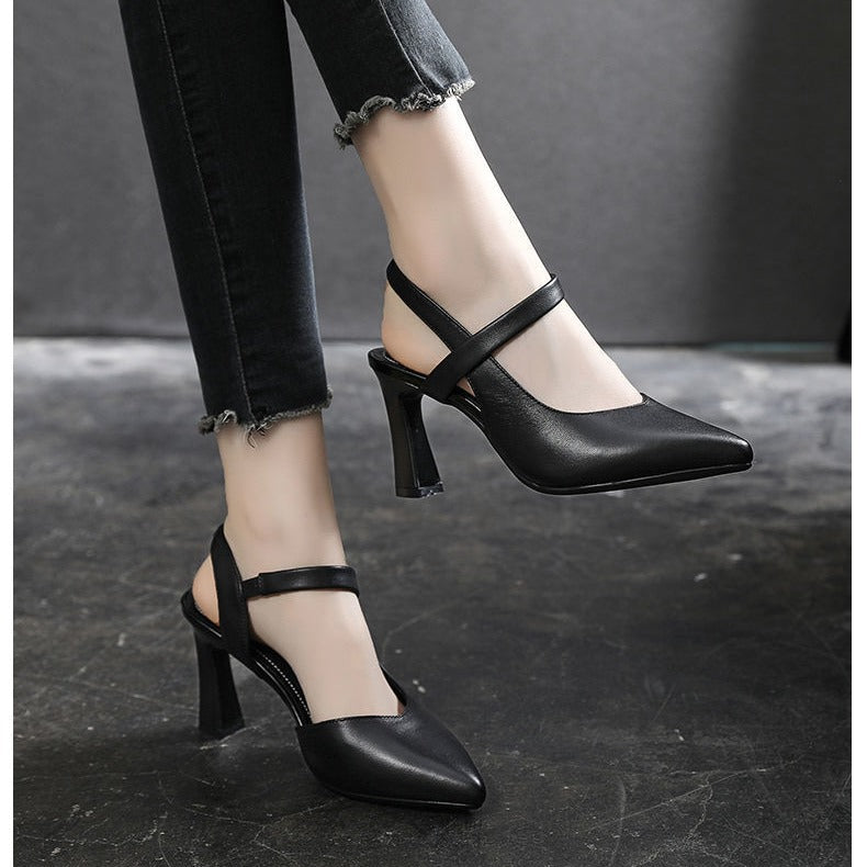 Pointed sandals women's small size bag head soft leather summer 2024 new middle heel empty soft leather fine heel spring and summer women's shoes